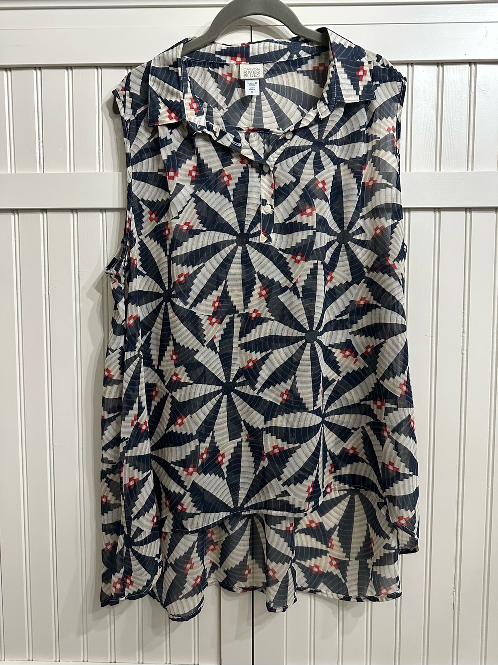 Canyon River Blues Navy, White & Red Geometric Sleeveless Blouse